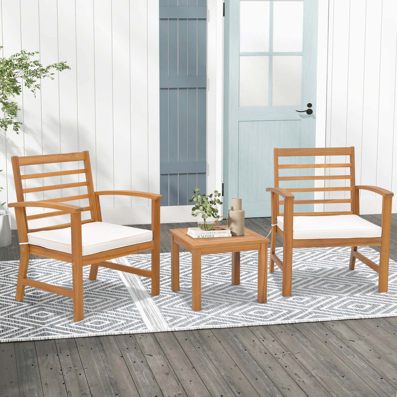 Costway 3 PCS Outdoor Furniture Set Acacia Wood Conversation Set with Soft Seat Cushions White/Grey/Navy